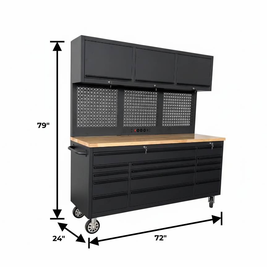 Overhead Pro 72" Rolling Tool Chest | 79" Tall | 14 Drawers | Overhead Cabinets | Pegboard & Power Strip