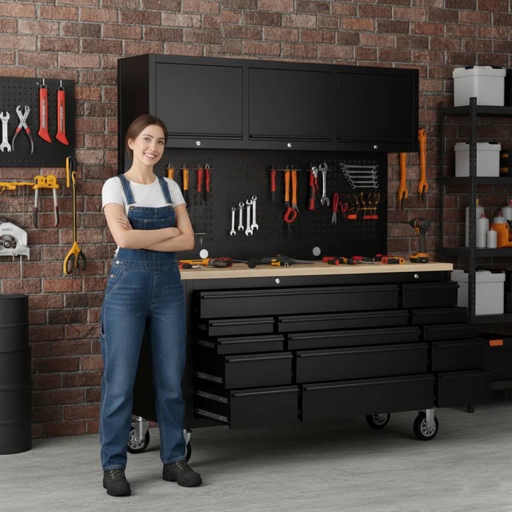 Overhead Pro 72" Rolling Tool Chest | 79" Tall | 14 Drawers | Overhead Cabinets | Pegboard & Power Strip