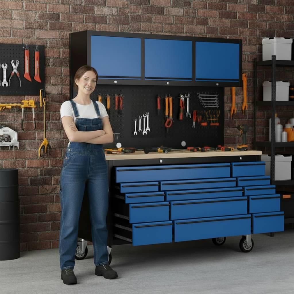 Overhead Pro 72" Rolling Tool Chest | 79" Tall | 14 Drawers | Overhead Cabinets | Pegboard & Power Strip