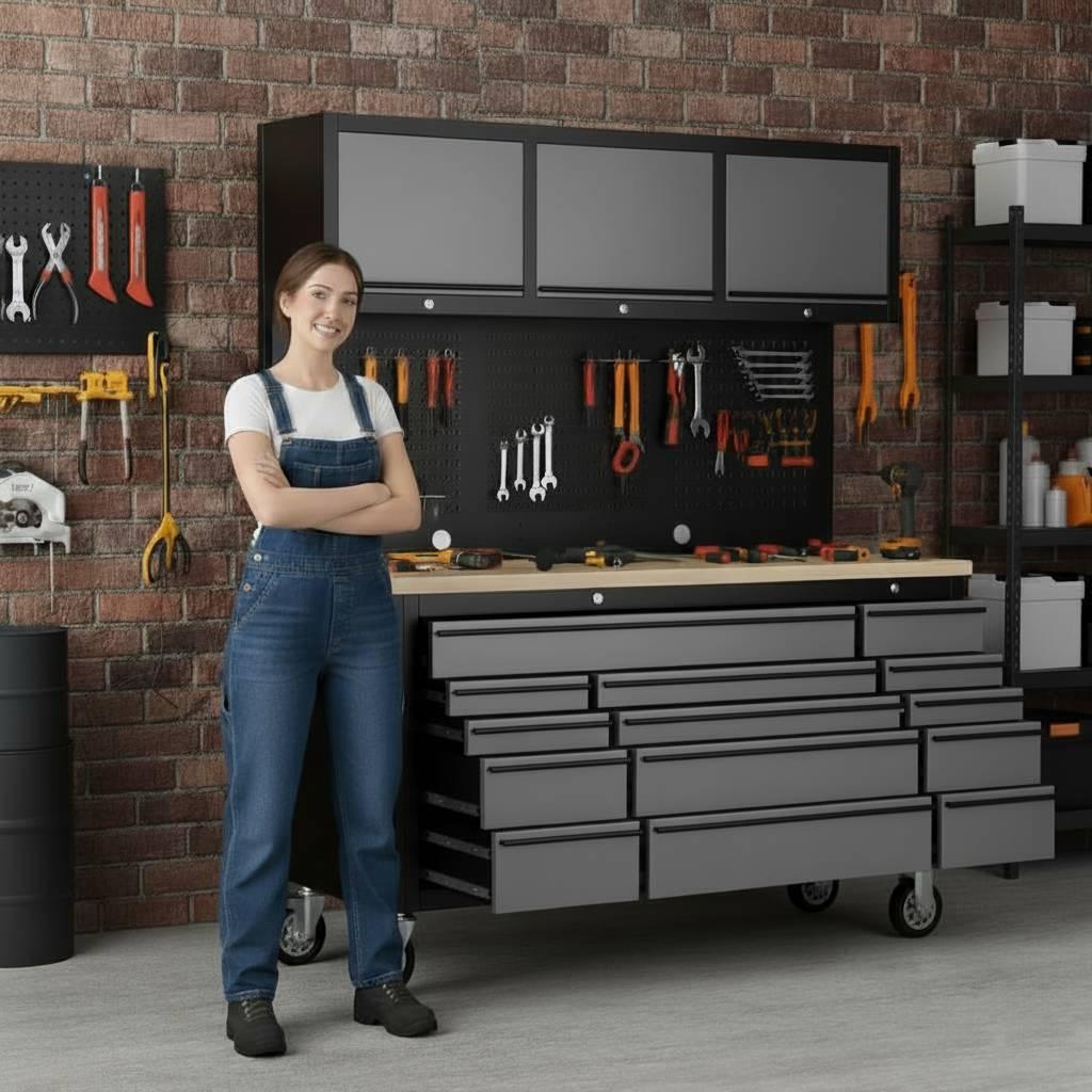 Overhead Pro 72" Rolling Tool Chest | 79" Tall | 14 Drawers | Overhead Cabinets | Pegboard & Power Strip