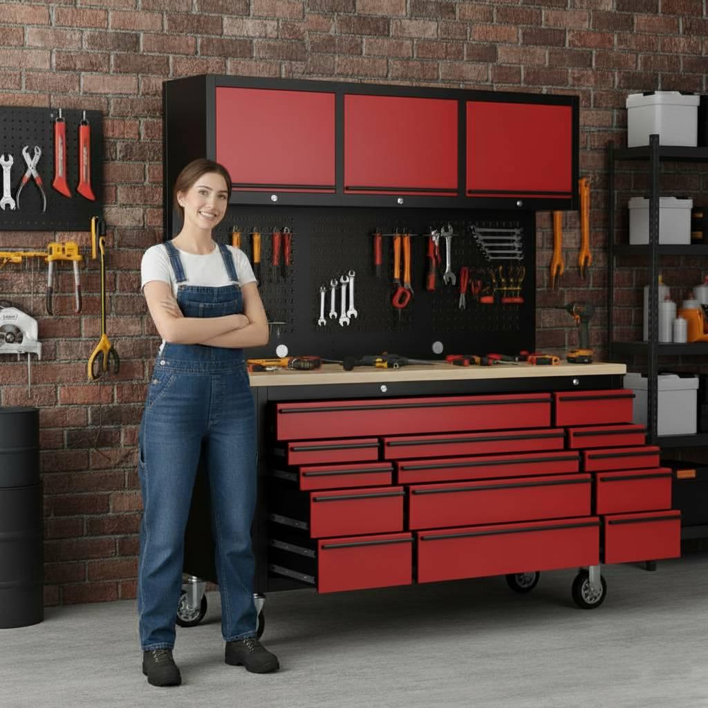 Overhead Pro 72" Rolling Tool Chest | 79" Tall | 14 Drawers | Overhead Cabinets | Pegboard & Power Strip